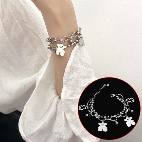 

hand catenary south korea ins double layer bear tuku men and women punk hollow bead chain fashion student couple bracelet, Black
