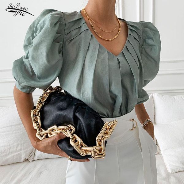 

women's blouses & shirts shirt commuter loose summer v-neck pleated puff sleeve short-sleeved elegant ol slim chiffon blusa 14944, White