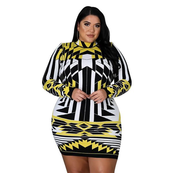 

plus size dresses geometric patchwork full sleeve mini dress women's clothing round neck outfit office lady wear ropa mujer talla grand, Black
