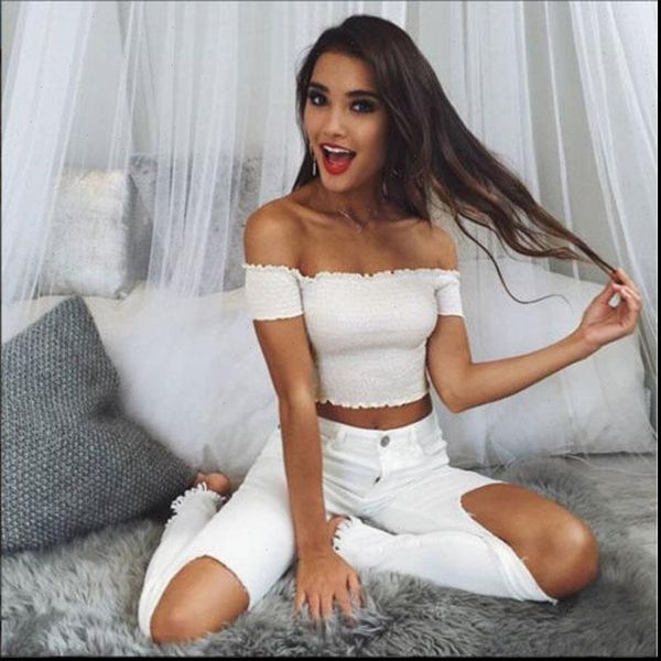 

fashion tube women cami off shoulder frill short sleeve crop, White