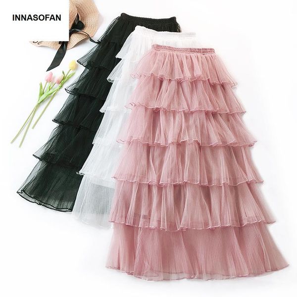 

skirts innasofan tulle cake-skirt for women spring-summer long skirt high waist euro-american fashionable elegant solid color, Black