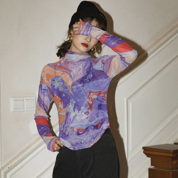 

[eqw] spring arrival fluid print turtle neck mesh women long sleeve t shirt purple tee femme 16w25309 210510, White