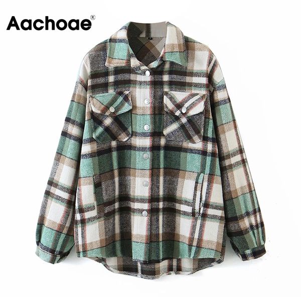 

2021 fashion plaid shirt jacket women loose long sleeve pockets coat outerwear turn down collar casual ladies, Black;white