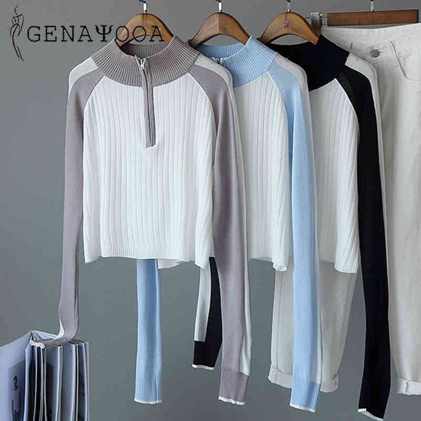

genayooa korean vintage ladies female thin autumn cropped women zipper jumper patchwork pullovers slim sweater 210417, White;black