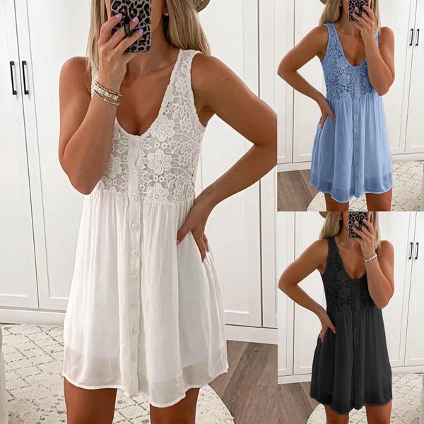 

casual dresses summer ladies 2021fashion lace patchwork solid sleeveless tunic tank vest dress comfort night sleepwear, Black;gray