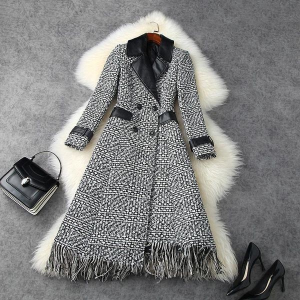 

women's wool & blends 2021 winter pu leather suit collar long sleeve double row button tassel thickened tweed coat t11487, Black