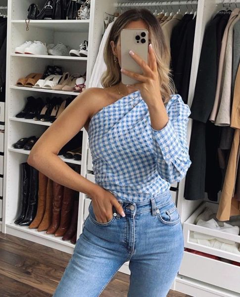 

women's blouses & shirts women 2021 fashion asymmetrical pleated shirt lady plaid print irregular hem slim blouse roupas femininas chic, White