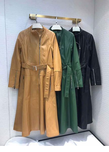 

women's trench coats long leather coat high neck zipper front sleeves waist buckle belt side pockets woman fall winter, Tan;black