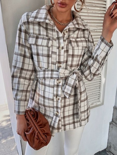 

plaid single breasted belted overcoat 165e#, Black