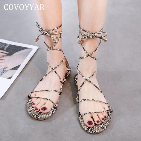 

sandals covoyyar lace up women summer shoes 2021 fashion cross-tied gladiator animal print beach flat casual wss4081, Black
