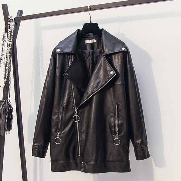 

women's leather & faux lanmrem 2021 autumn winter solid color lapel zipper pu jacket korea mid-length loose coat female tide yj639, Black