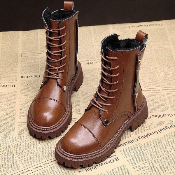 

boots leather thick-soled ankle british style lace-up round toe zipper flat, Black