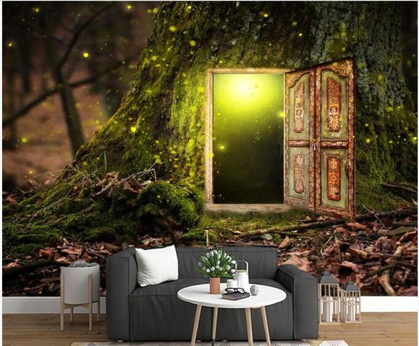 Tapeten Benutzerdefinierte Wandbild auf der Wand Papier 3D Grüner Wald Großer Baum Fenster Geheimer Ort Home Decor PO Tapete im Wohnzimmer