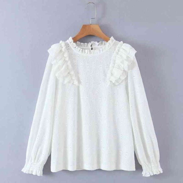 

spring women cascading ruffle jacquard white shirt female o neck long sleeve blouse casual lady loose blusas s8660 210430