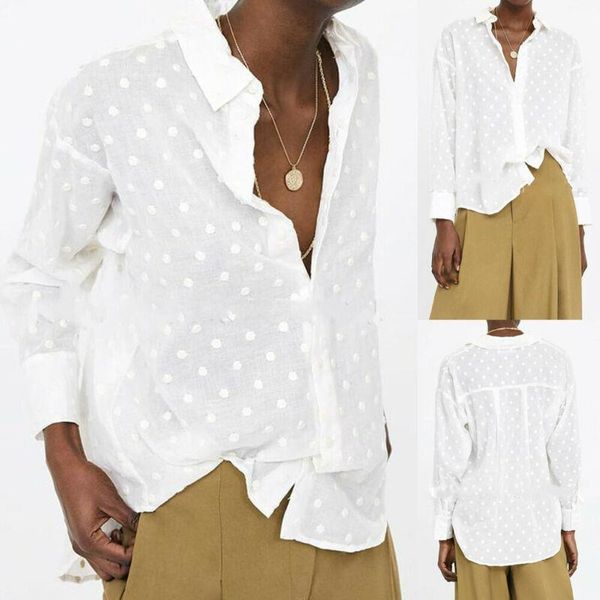 

casual office v neck womens shirt long sleeve polka dot white regular chemise