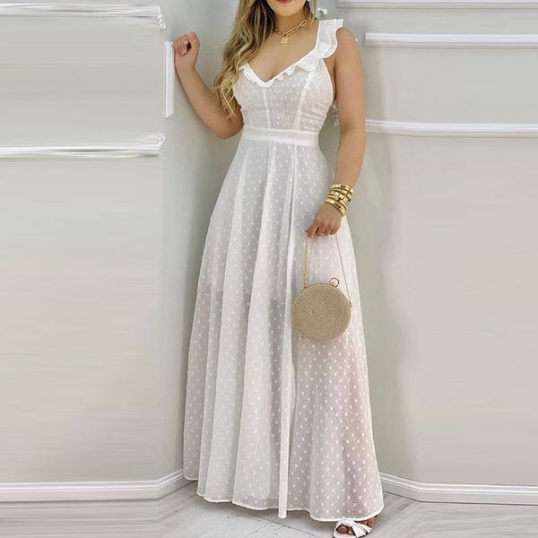 

casual dresses 2021 fashion solid dot print maxi xl summer elegant ruffle v neck slim long dress women tie-up backless party, Black;gray