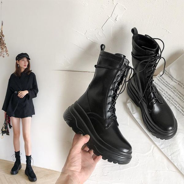 

boots muffin shoes, thick soled short boots, women's winter simple and all-around solid color lace up thin, Black