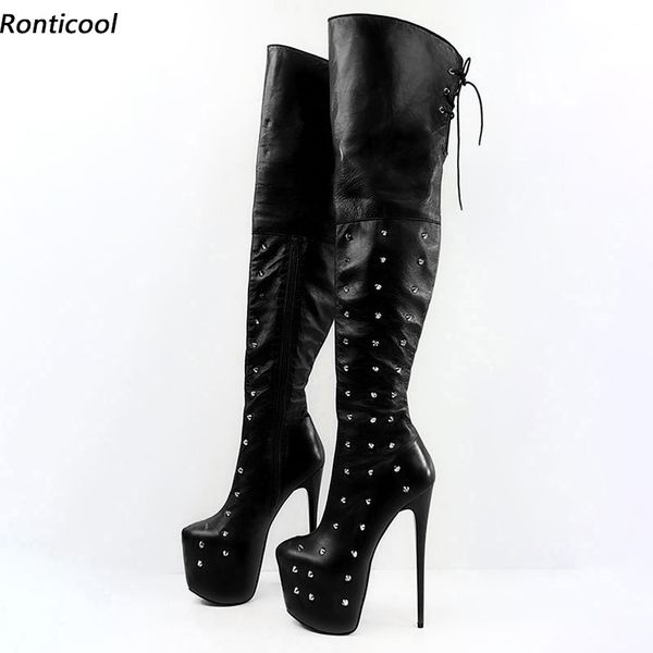 Rontic Handmade Mulheres Inverno Coxa Botas Sexy Rebites Rebites Com Zíper Stiletto Saltos Redondos Toe Night Club Shoes Tamanho 5-20