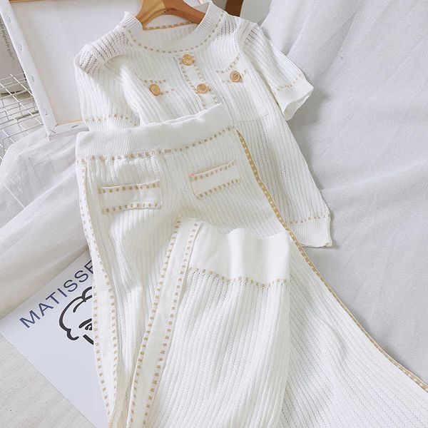 

Autumn 2020 White/Black Knitted Women Two Piece Dresses Set Elegant Short Sleeve O-neck Casual Tops Shirts And Loose Pants 2 Piece Set