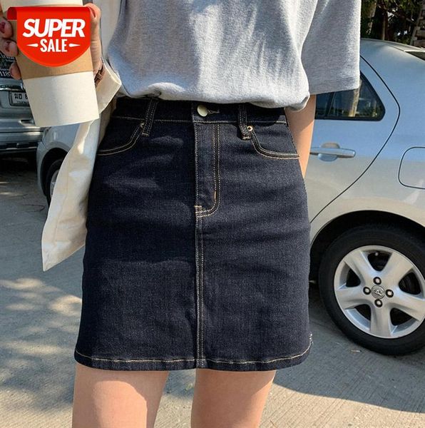 

[huang zheng] basic high waist stretch denim skirt women korean casual a-line q9618 #jc9c, Black;gray