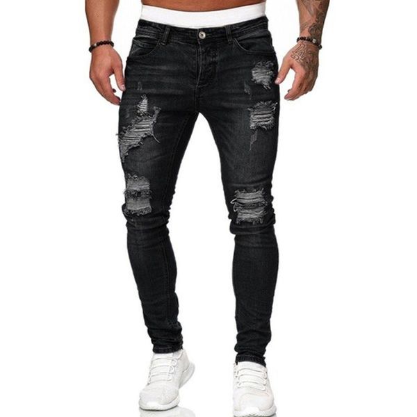 

men's jeans solid color ripped summer casual hole denim lightweight pencil long pants male fashion skinny street trousers d30, Blue