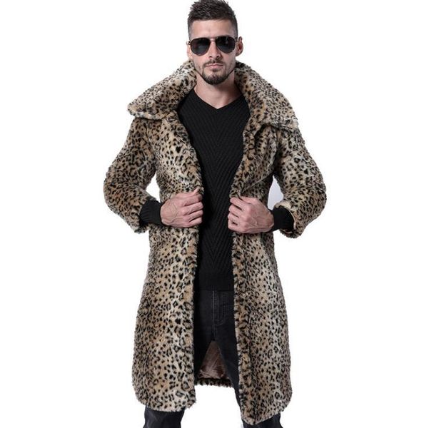 

men's fur & faux autumn long leather jacket mens winter thicken warm leopard print coat men loose jackets lapel b512, Black