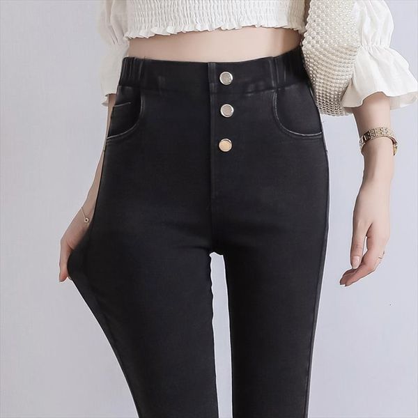 

high waist plus size women jean single row button elastic full length skinny mom denim pencil pant, Blue