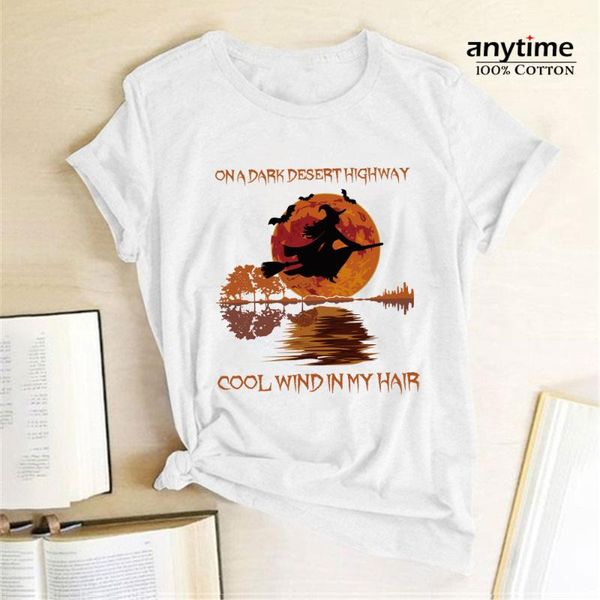 

women's t-shirt 100% cotton on a dark desert highway witch printing halloween t-shirts women aesthetic clothes loose graphic tee street, White