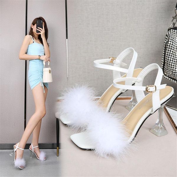 

sandals shoes woman fur transparent crystal heels 9 cm wedding interest female stilettos black white red pink