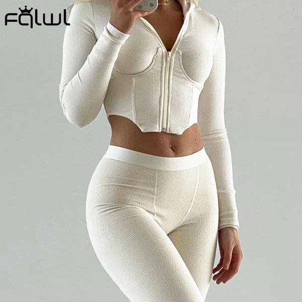 

women's two piece pants fqlwl fall streetwear 2 sets womens outfits long sleeve zipper hooded crop skinny suits white matching