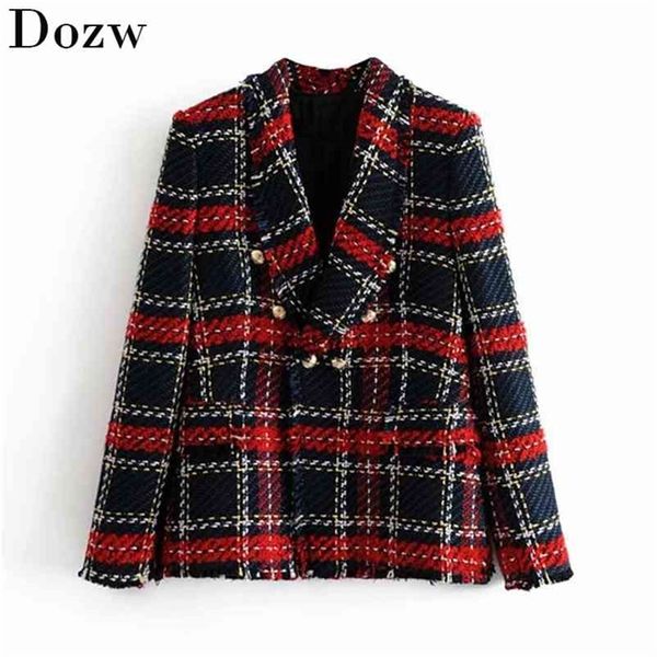 Mulheres Vintage Manta Vermelha Tweed Blazer Coat Elegante Dupla Breasted Breasted Terno Terno Casaco Inverno Manga Longa Escritório Outerwear 210515