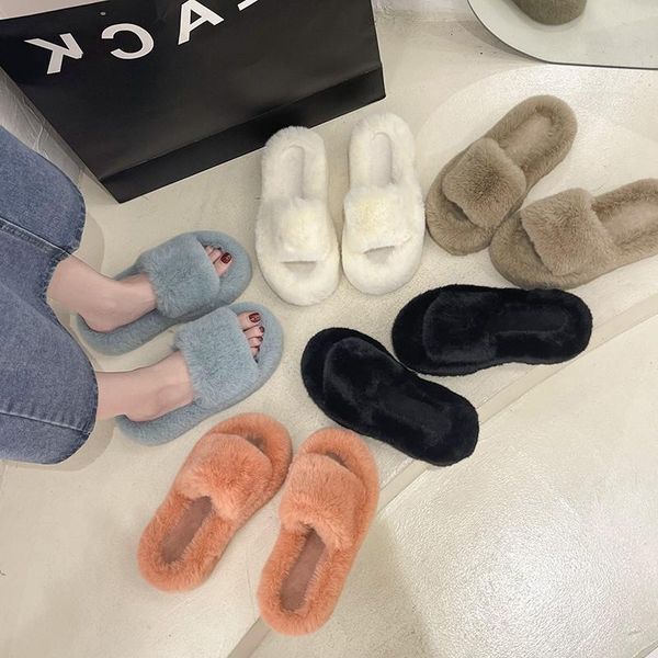 

slippers casual women's shoes with platform fur flip flops med pantofle slides luxury plush soft flat 2021 bonded leather, Black