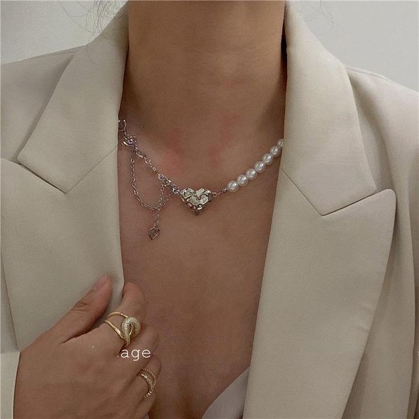 

pendant necklaces origin summer luxury vintage asymmetric love heart necklace for women simulation pearl metal chain jewelry, Silver