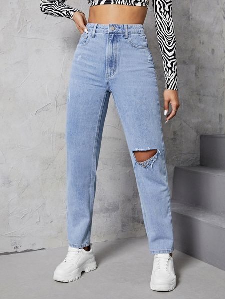 

high waist ripped frayed cat scratch studded detail jeans w04y#, Blue