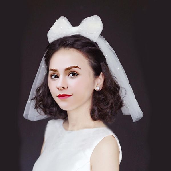 

bridal veils retro korean style veil double-layer big bow dual-use comb travel s short pearl wedding decoration, Black