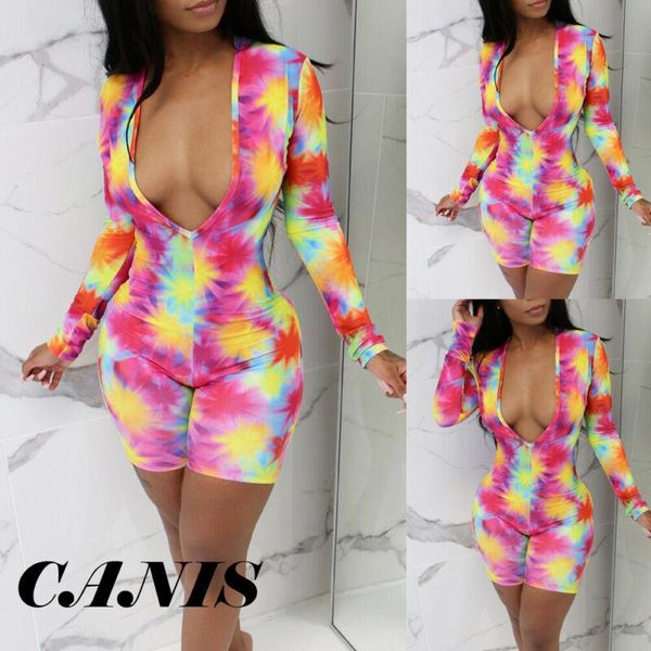 

women's jumpsuits & rompers 2021 elegant women bodysuit lady v neck long sleeve bodycon slim short femme shiny floral tie dyeing jumpsu, Black;white