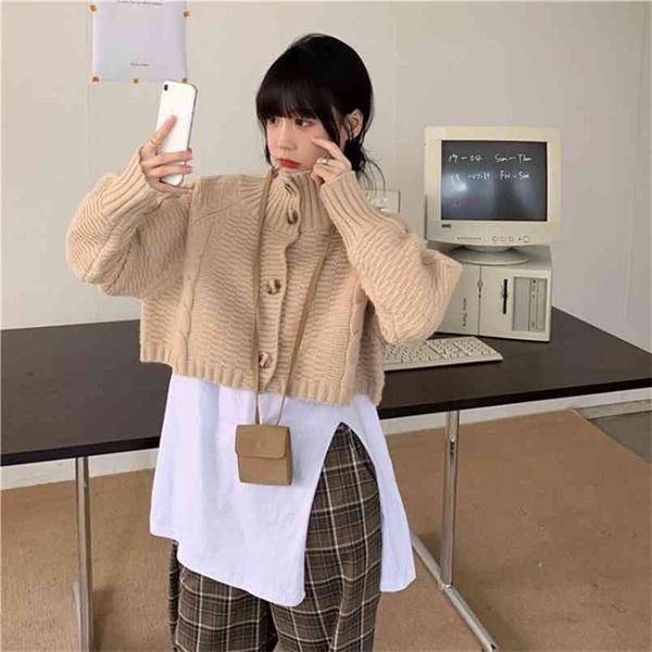 

autumn winter short cardigan women twist sweater coat korean high neck uk893 210506, White