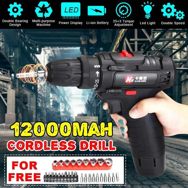 

professiona electric drills 12/18v universal cordless drill led lighting rechargeable hand 2 lithium battery with accessories case