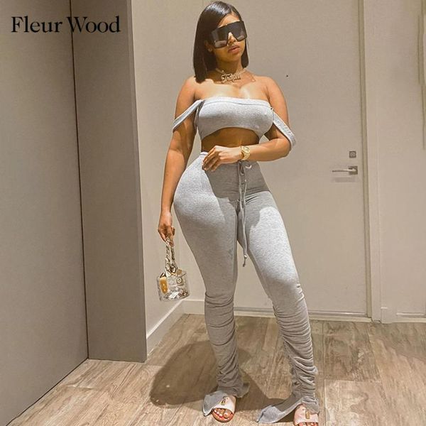 

women's tracksuits two piece set pleated drawstring woman pants sling wrap chest crop 2 summer clothes mmxj, Gray