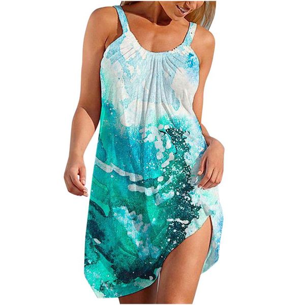 

casual dresses beach style mini for women boho tie dye floral printed sleeveless ruched tanks dress plus size loose sundress vestidos, Black;gray