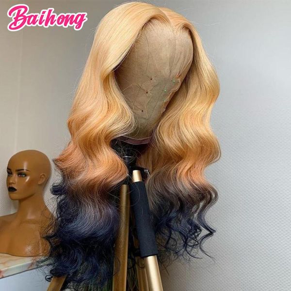 

lace wigs highlight wig ombre blonde human hair for women body wave brazilian middle part frontal brown colored baihong, Black;brown