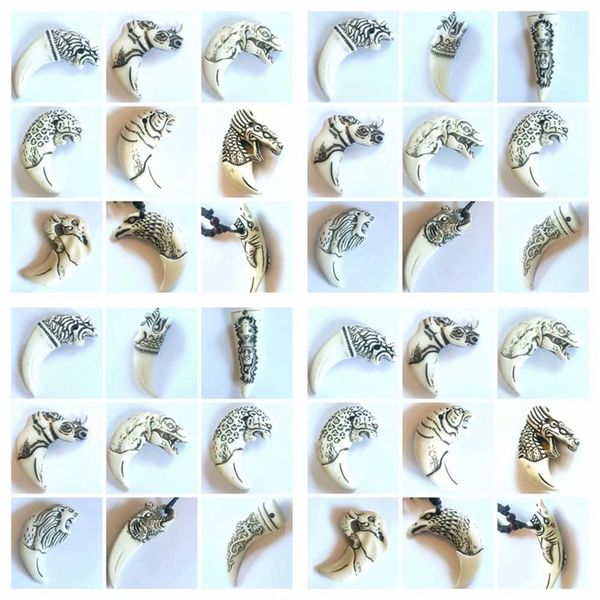 

12 pcs imitation yak bone carved biker mixed totem necklace, Silver