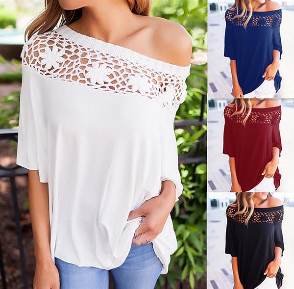 

women's t-shirt solid color casual lace stitching pierced strapless fashion loose simple temperament clothing, White