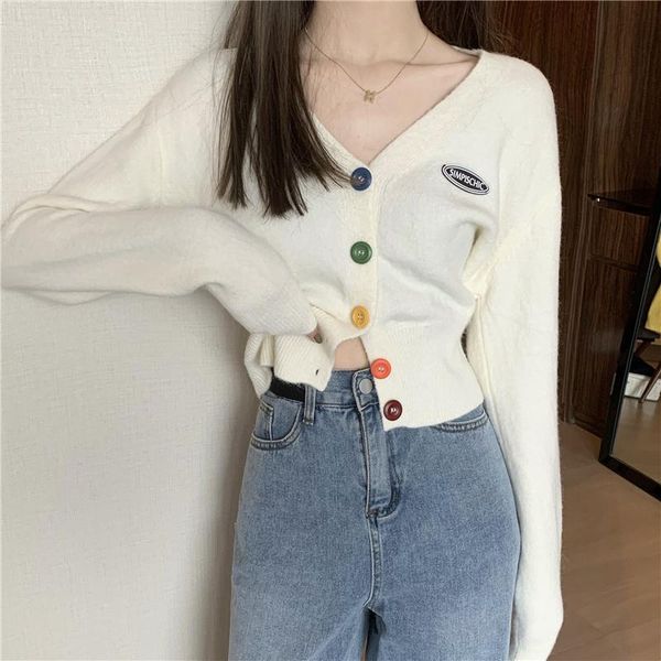 

women's knits & tees rainbow button cardigan sweater long sleeve sun protection women early autumn small, White