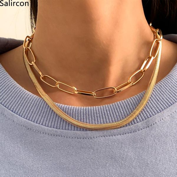 

chokers punk multi layer gold silver color flat blade snake chain short clavicle choker necklace for women men fashion jewelry, Golden;silver