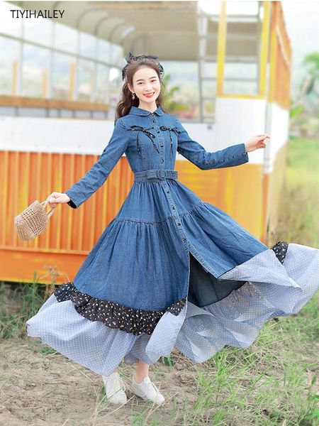 

long maxi denim spring autumn boshow full sleeve dress with belt single breasted patchwork casual dresses, Black;gray