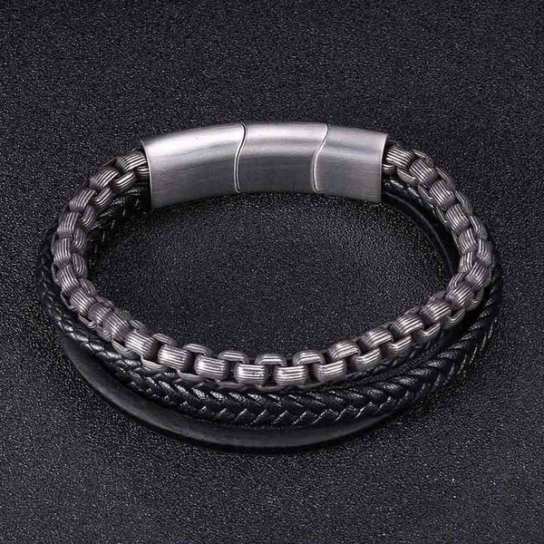 

men jewelry steel chain black leather bracelet stainless magnetic clasp bangles male wristband punk accessories sp0997, Golden;silver