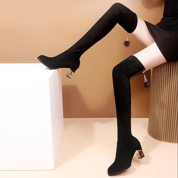 

boots over the knee high heel women shoes woman fashion flock warm 2021 winter black plus fur inside