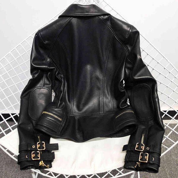 

yoloagain women genuine ladies double breasted real sheepskin leather jacket 201119, Black