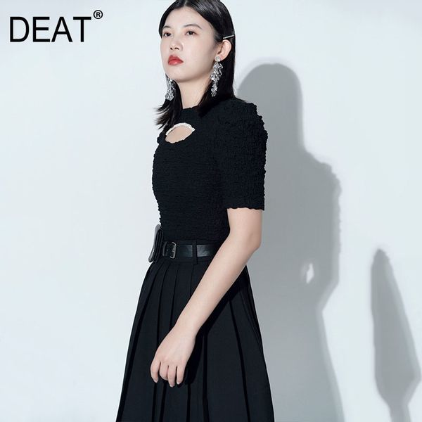 

women black knitting folds hollow out office lady t-shirt round neck short sleeve fashion tide summer 7e0811 210421, White
